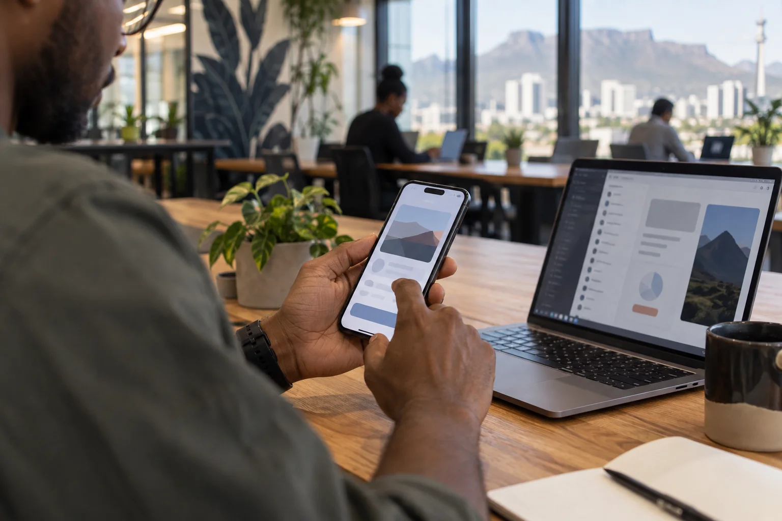 Close-up of an adult software developer testing a mobile app prototype on a smartphone beside a laptop, realistic modern Pretoria coworking space, focus on hands, screen abstract with no readable text