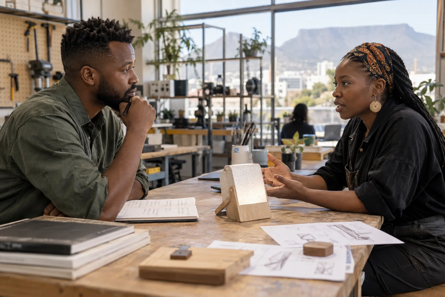 A South African entrepreneur listening carefully to a customer across a bright workshop table, notebook and simple prototype between them, candid side-profile composition