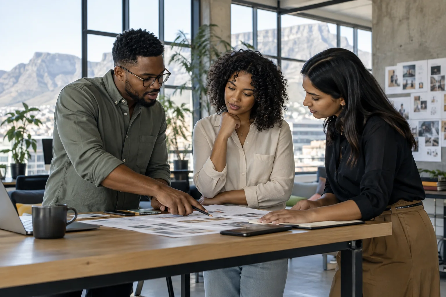 A diverse three-person South African startup team reviewing a paper product brief around a standing table, bright industrial loft office, natural faces