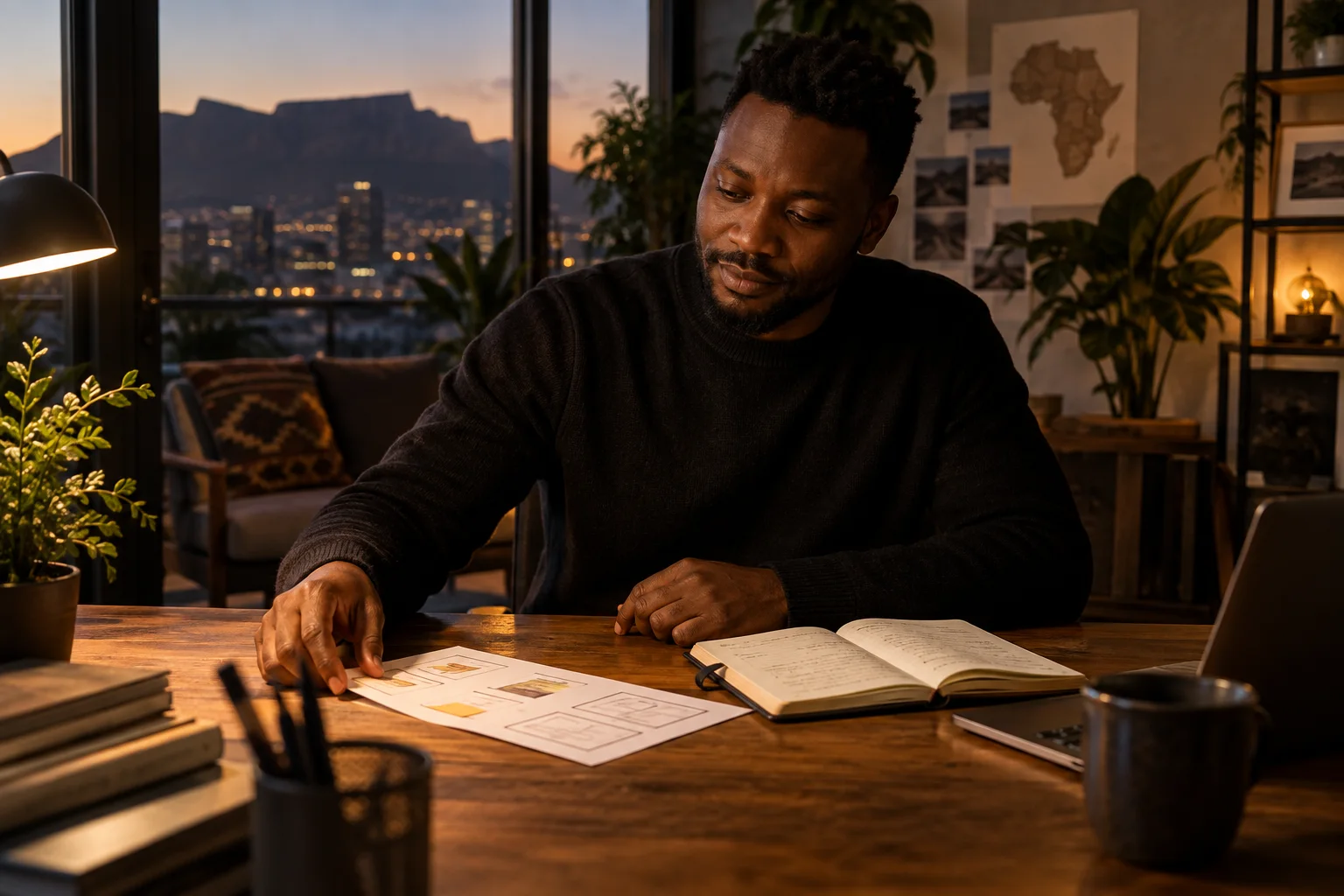 A South African founder alone in a calm evening studio placing a finished paper prototype next to a notebook, reflective thoughtful moment, rich warm desk lighting