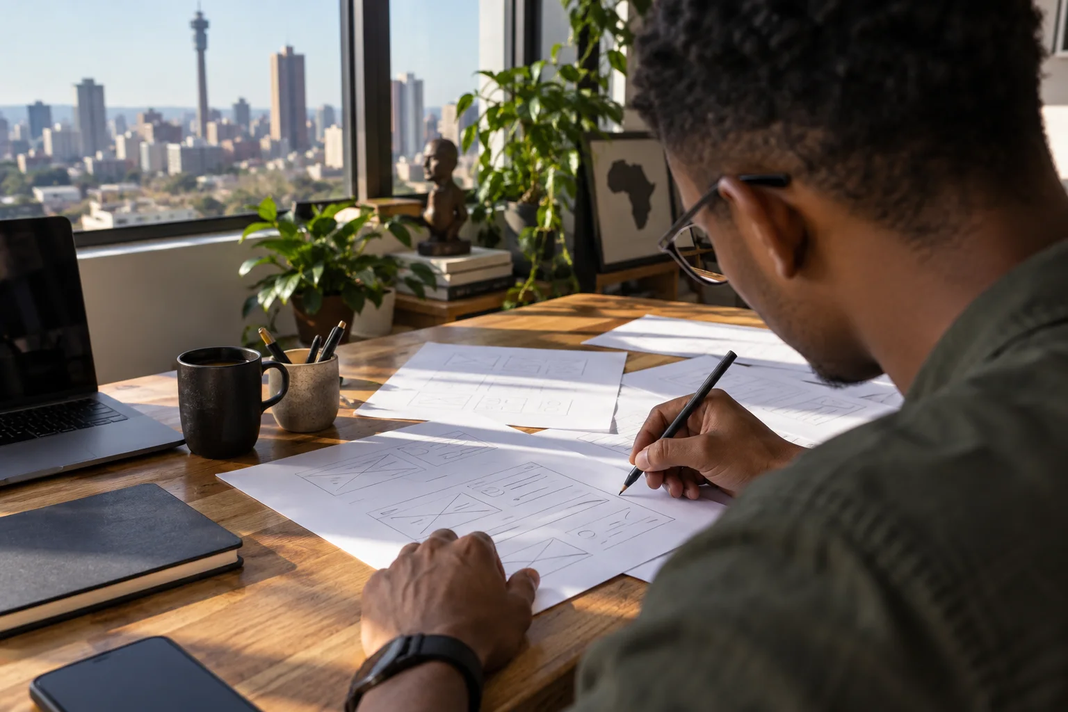 A young South African software founder sketching a first product prototype using blank paper wireframes at a sunlit Johannesburg studio desk, over shoulder, close view of pencil and papers
