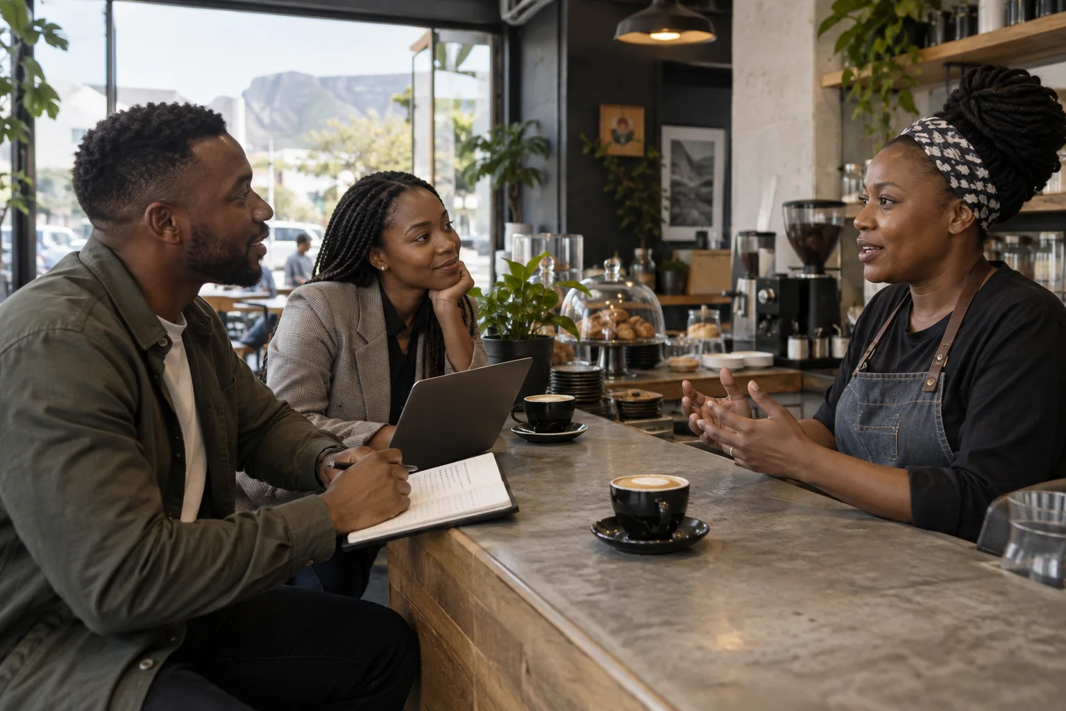 Two South African startup founders conducting a relaxed customer discovery interview with a cafe owner at a quiet urban coffee counter, natural documentary wide composition